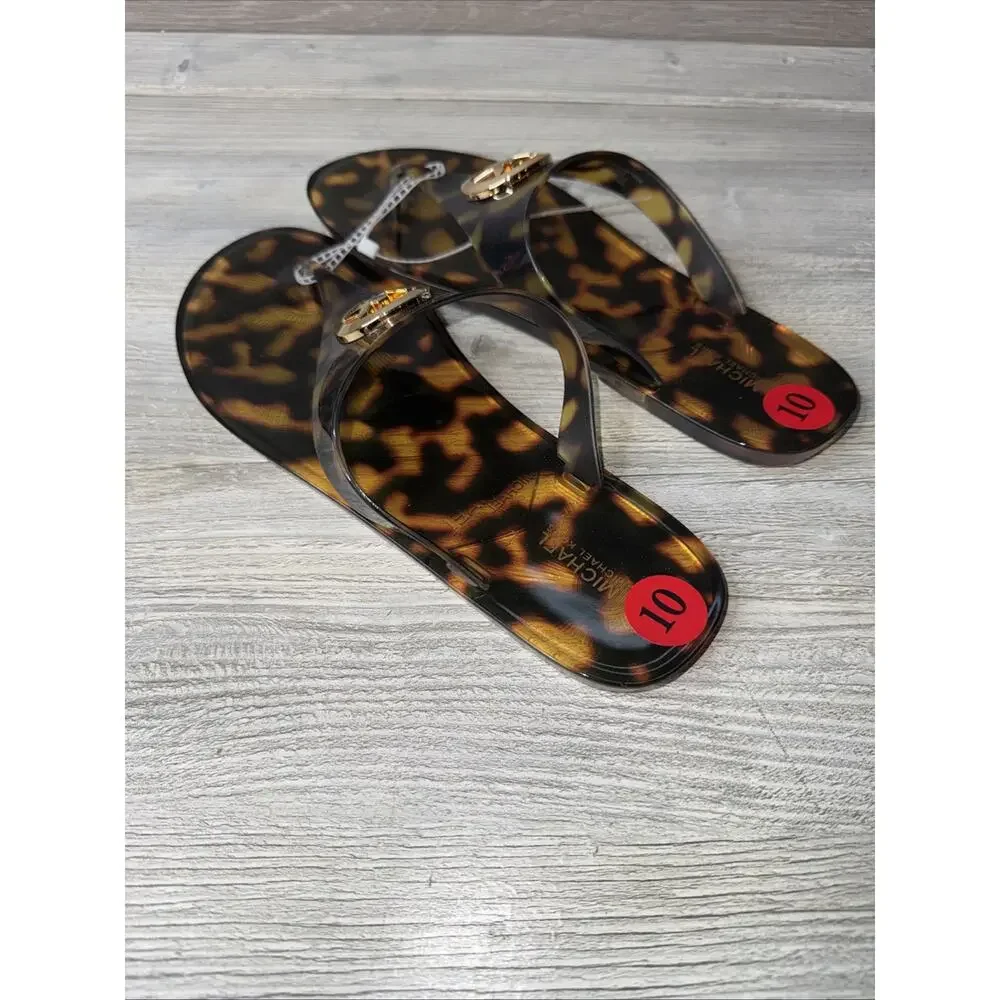 New Michael Kors Lillie Jelly Thong Tortoise Black/Brown Women's Sandals Size 10